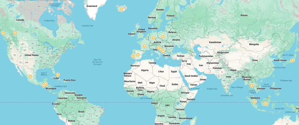 World map with travel locations